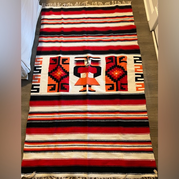 Woven Blanket Rug Aztec Mexican Southwest Vibrant Cream Red Orange Fringe 50x82”